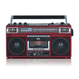 QFX J-220BT Red Boombox MP3 Conversion from Radio to Cassette with 4-Band (AM, FM, SW1, SW2) Radio with Bluetooth, Dual 3” Speakers, Built-in Microphone, Recorder, and a 3-Band Equalizer