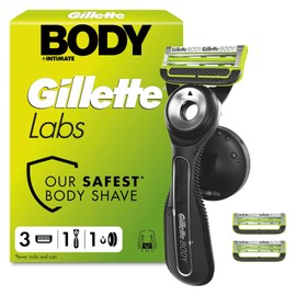 GilletteLabs Body + Intimate Razor for Men, 1 Handle & 3 Cartridges | Triple Defence System, Easy Reach Shower Grip, Anti-Ingrown & Anti-Irritation Bars, Magnetic Shower Hanger