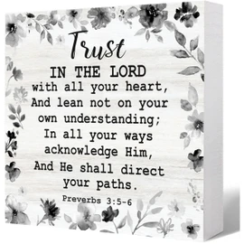 Christian Signs, Scripture Decor, Rustic Desk Rustic Wood Table Sign, Farmhouse Home Gift for Family Friends, Trust in the Lord with All Your Heart Wooden Box Sign 5 x 5 Inch