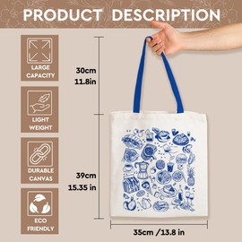 SEWSONG Aesthetic Canvas Tote Bag with Blue Food Doodle for Women; Cotton Bags with Handles for Shopping Beach Grocery;Fashionable Tote Bags Gifts for Birthday Thanksgiving Morther Day-7