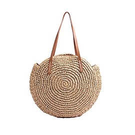 VOANZO The New Literary Style Round Large Capacity One-Shoulder Straw Woven Bag, Hand Woven Beach Female Bag (Brown), Brown, One Size, Shoulder Bags, brown