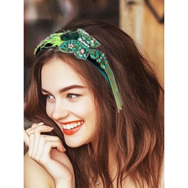 Urieo Baroque Butterfly Rhinestone Headband Dark Green Feather Wide Hairbands Tassel Crystal Embellished Hair Hoops Hair Accessories for Women