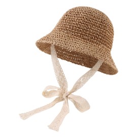 JANGANNSA Summer Girls Straw Hat Baby Toddler Girls Floppy Hat Bowknot Sun Beach Cap (Khaki Lace,52cm)