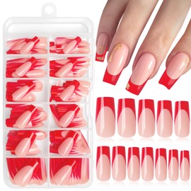 Lifextol 216PC Red French Tip Press on Nails medium Fake Nails Press ons with 10*Adhesive Tabs, Pink Square Acrylic Nails Press on Nails French Tip Nails False Artificial Fingernails Stick on Nails