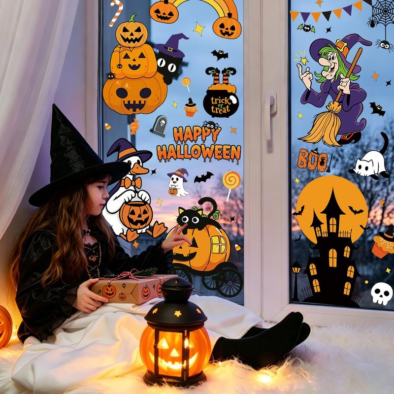 XIMISHOP 8 Sheets 174 Pcs Reusable Halloween Pumpkin Witch Window