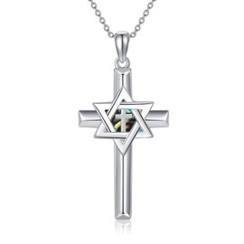 YFN Jewish Star of David Necklace Sterling Silver Cross Star of David Pendant Necklace Abalone Shell Judeo Christian Religious Jewelry for Women Men