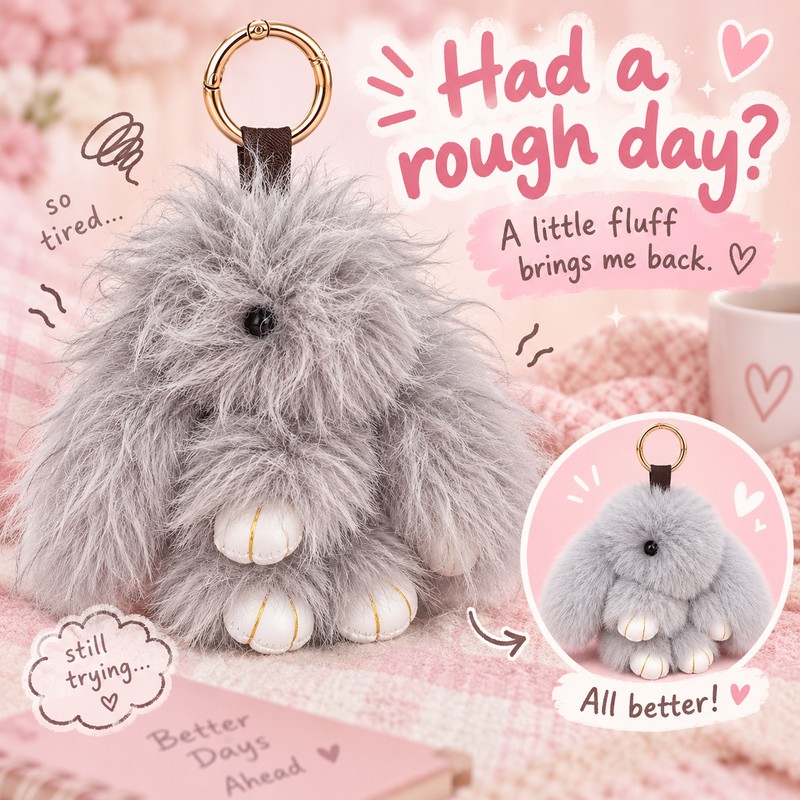 Fluffy Bunny Keychain for Bags & Keys – Messy or