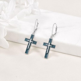 YFN Turquoise Cross Earrings Sterling Silver Religious Cross Earrings Dangle Drop Earrings Jewellery Christian Gifts for Women