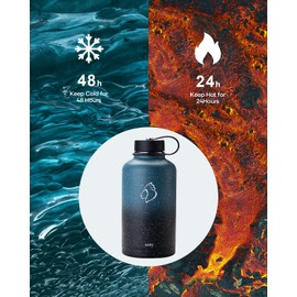 BUZIO 64oz Insulated Water Bottle with Straw Lid, Half Gallon Double Wall Food-Grade Stainless Steel Water Bottle with Carrying Pouch, Wide Mouth BPA-Free Sweat-Proof Sports Water Flask, Keep Hot Cold