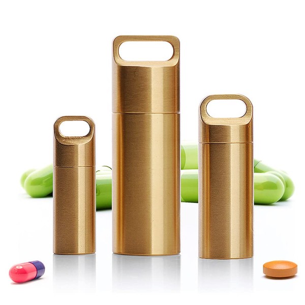 genmine 3 Pack Pill Container Keychain Pill Holder, Air-Tight EDC Accessory Case, Mini Pill Organizer Case Container, Waterproof Metal Pill Holder Medicine Bottle for Outdoor Survival （Three Size)
