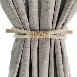 Curtain Holdbacks Boho Tiebacks for Drapes, Farmhouse Jute Rope Cotton Tie Backs with Rustic Wood Club, Curtain Accessories Holders for Indoor Outdoor Use, Set of 4