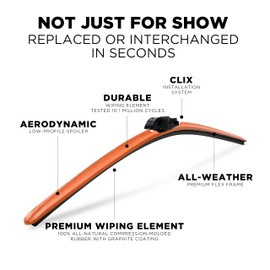 Clix Wipers - Jeep Wrangler & Gladiator (16"/16") Orange Windshield Wiper Blades (All Wrangler & Gladiator Models), All-Weather Replacement Wipers-Set of 2, Includes Quick Connect Clips (1997-2025)