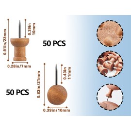 ZoeTekway Pack of 100 Wooden Round Pins, Wooden Push Pins, Round Head, Wooden Push Tacks, Push Pins for Bulletin Board, Cork Board, Map, Photos, Office Supplies (Two Shapes)