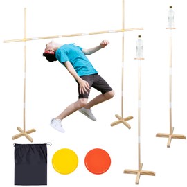 Wooden Limbo Game&Flying Disc Toss Game 2 in 1 Game Set,5ft Tall Limbo Stick Set Limbo Kit for Adults Family,Backyard Games Lawn or Outdoor Games - with Portable Bag,Easy to Set Up and Play Anywhere