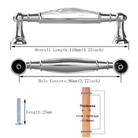 JINGDI 2 Pack 3.78'' Hole to Hole Zinc Alloy Furniture or Kitchen Cabinet Hardware Drawer Handle Pull Silver Crystal Handle Transparent
