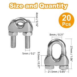 Yinpecly 20 Pack 3/16 Inches M5 Stainless Steel Wire Rope Cable Clip Clamp, U Bolt Saddle Fastener