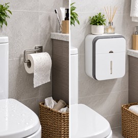 Gray Toilet Paper Holder for Bathroom Storage – No-Drill Wall-Mounted Waterproof & Dust-Resistant Tissue Container