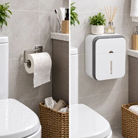 Gray Toilet Paper Holder for Bathroom Storage – No-Drill Wall-Mounted Waterproof & Dust-Resistant Tissue Container