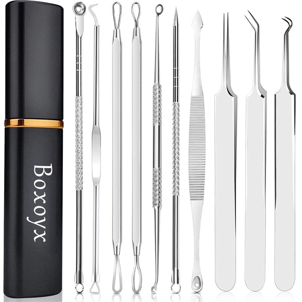 [Latest]Blackhead Remover Tool, Boxoyx 10 Pcs Professional Pimple Comedone Extractor Popper Tool Acne Removal Kit - Treatment for Pimples, Blackheads, Zit Removing, Forehead,Facial and Nose(Silver)