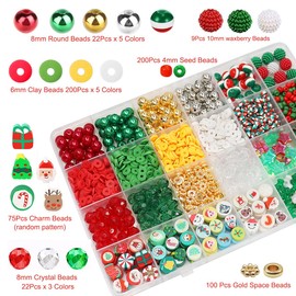 Christmas Beads for Bracelet Making Kit, Clay Beads Green Red Star Beading Set with Jingle Bell, Snowman Xmas Tree Present Charms Pendants for Jewelry Making, DIY Craft Arts Christmas Gifts
