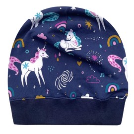 Wollhuhn Eco Lightweight Girls/Boys Beanie Hat Cuffs Elastic Transition Period Summer Children's Hat Cotton (Eco Fabrics, Organic) 22222235, Unicorns Dark Blue