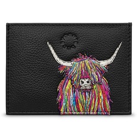 Yoshi Black Leather Highland Cow Card Holder, RFID Protection, Slim Wallet, Credit Card Holder, Card Holder, Minimalist Design