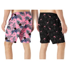 TEX2FIT 2-Pack Men's Swim Shorts with Pockets, Quick Dry Swim Trunks with Mesh Lining (Flamingoes/Pink Coconuts, Medium)