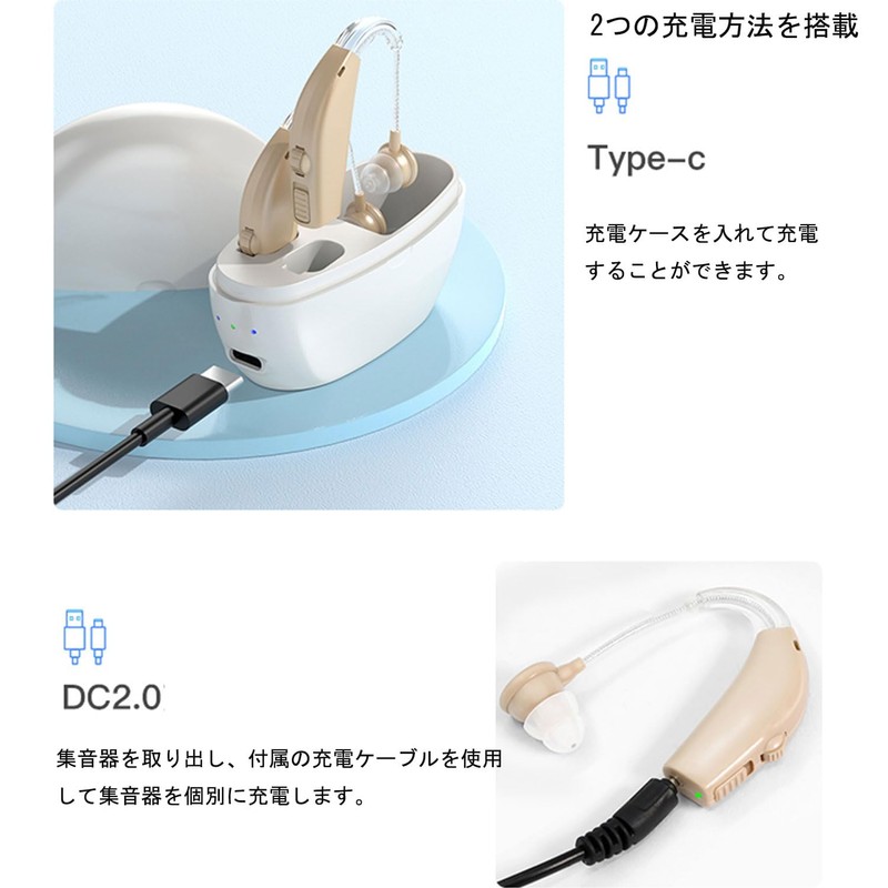 AMIZDYTO 充電式 集音器 耳掛け型 音量調節可 小型 軽量 簡単操作 左右両耳用