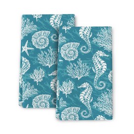 Wovoto Teal Green Kitchen Towels Decorative Set Set of 2 Absorbent Dish Towels for Kitchen Bathroom Farmhouse Home Decor (Seahorse Corals, 16x24 Inch)