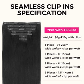 Lashey Hair Extensions Seamless Clip in Hair Extensions, 7pcs 110g Straight Remy Human Hair Clip in Extensions 20 Inch Jet Black Real Hair Extensions Black Hair Extensions with Soft PU Skin Weft