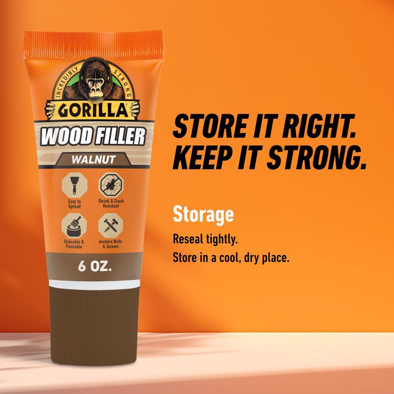 Gorilla All Purpose Wood Filler, Walnut Color, 6 Ounce Tube