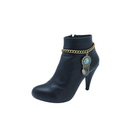 TrendyFashionJewelry TFJ Women Western Boot Chain Metal Bracelet Anklet High Heel Turquoise Blue Bead Feather Charm Gold