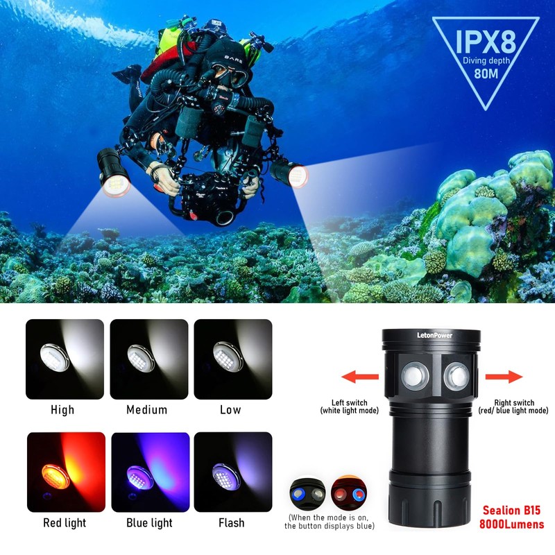 LetonPower B15 Dive Light Underwater Flashlight 8000Lumens Underwater Video Lights
