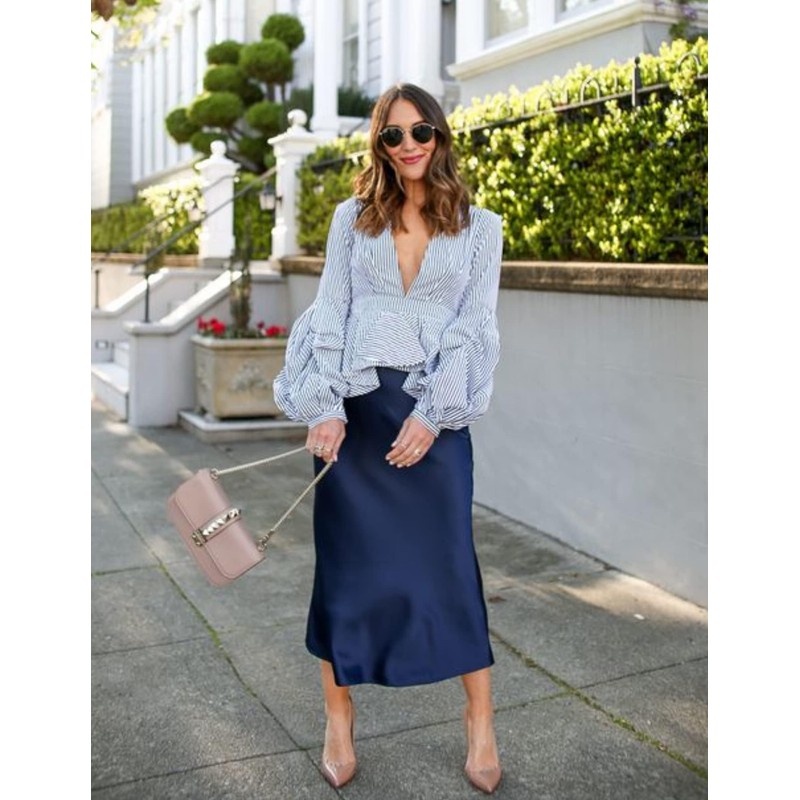 HOTOUCH Womens Blue Satin Midi Skirt Zipper High Waist Skirt