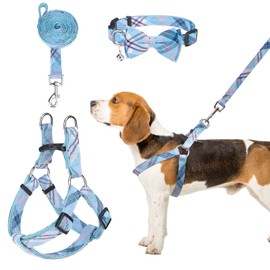 BINGPET Dog Harness Collar Leash Set,Adjustable No Pull Escape Proof Small Dog Harness,Classic Plaid Puppy Harness and Leash Set for Small Medium Large Dogs Training Easy Walk Running(Blue,M)