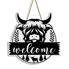Highland Cow Wooden Hanging Sign,Welcome Sign for Front Door,Rustic Farmhouse Home Front Porch Wall Decor,House Warming Gifts New Home, Highland Cow Wall Art for Christmas New Year (12''x 12'')
