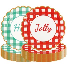 50PCS Christmas Scalloped Paper Plates - 7Inch Red and Green Gingham Dessert Plates Disposable Xmas Holly Jolly Dinnerware Plates for Winter Holiday Party Supplies