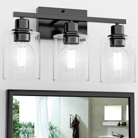 Dekang Black Bathroom Lights Over Mirror, Anti-Rust 3-Light Vanity Lighting Fixture for Bathroom, Modern Wall Sconce Light for Living Room, Standard E26 Base, Clear Glass Shades, Bulbs Not Included