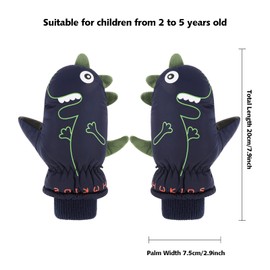 JUPSK Kids Winter Ski Gloves Waterproof Snow Mittens Anti Slip Plush Lined Warm Dinosaur Gloves for Toddler Children Girls Boys 2-5 Years Old (Blue)