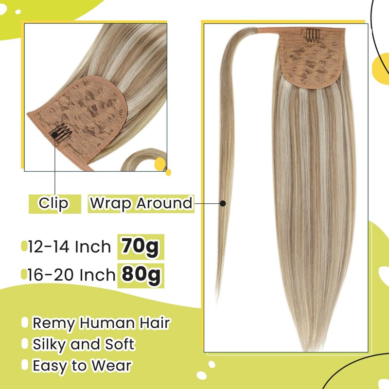 RUNATURE Ash Brown Human Hair Ponytail Extension 14 Inch Straight