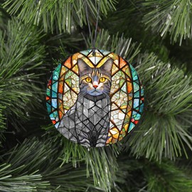 Grey Tabby Cat Christmas Ornament - Faux Stained Glass Embossed Design Effect - 2024 Acrylic Decoration For Tree - Unique Cat Gift and Home Decor