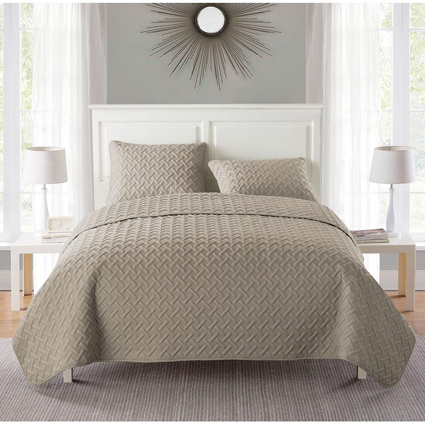 VCNY 3 Piece Embossed Queen Quilt Set Featuring Geometrical Design and Lightweight Microfiber Includes Reversible Quilt and 2 Pillow Shams (Taupe)
