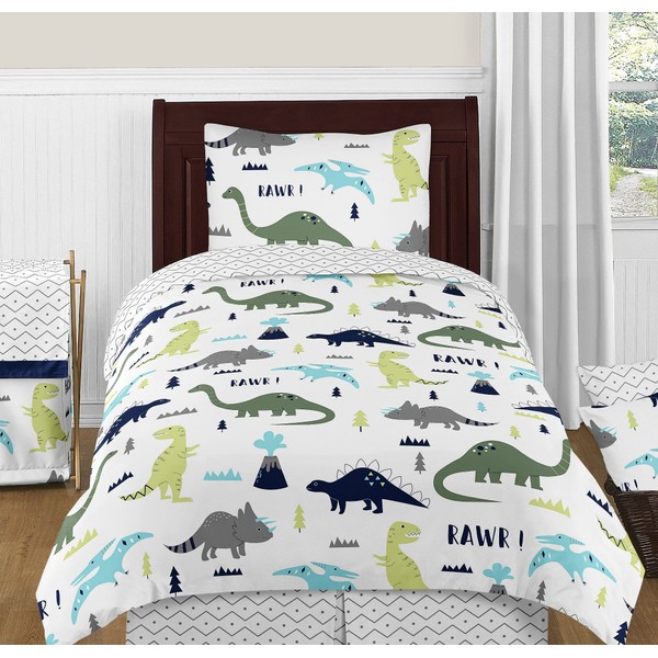 Navy Blue and Green Modern Dinosaur Boys or Girls 4 Piece Kids Teen Twin Bedding Set Collection