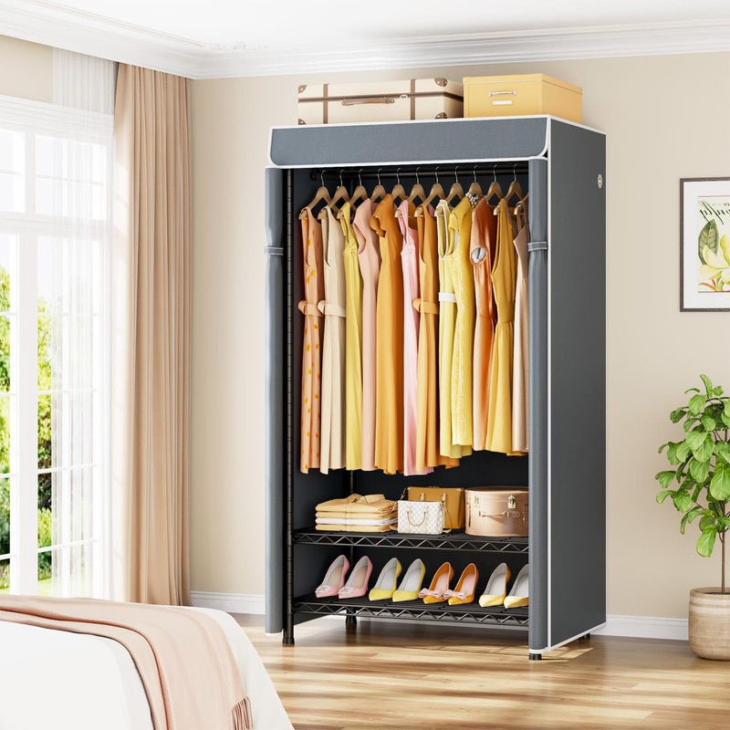 ULIFHOME H5C Clothes Rack with Cover, Portable Closet for Hanging