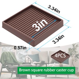 smseace 3X3 Caster Cups, Furniture Cups Brown Square Rubber Castor Cups with Anti-Sliding Floor Grip, Non Skid Sofa Chair Furniture Floor Protectors (4 Pack)