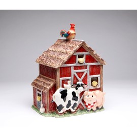 Apple Design Fine Ceramic Country Barnyard Cow, Pig and Rooster Barn Cookie Jar, 10-3/8" H