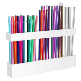 9.5” Large Acrylic Straw Holder for Cabinet Door - Reusable Tumbler Straw Organizer Storage, Small Kitchen Accessories Container, Ultra Sticky Cupboard Door Mounted (White)