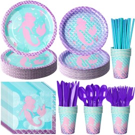 400Pcs Mermaid Paper Plates and Napkins Set,Mermaid Birthday Party Supplies Disposable Dinner Tableware Plates Napkins Cups Knives Spoons Fork for Mermaid Kids Birthday Party Decorations,Serve 50Guest
