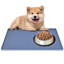 Silicone Pet Placemat with Raised Edge, 16"x10" Anti-Slip Dog Bowl Mats for Food and Water, Waterproof Pet Feeding Mat, Dog Food Mat for Floors, Dishwasher Safe, Lake Blue