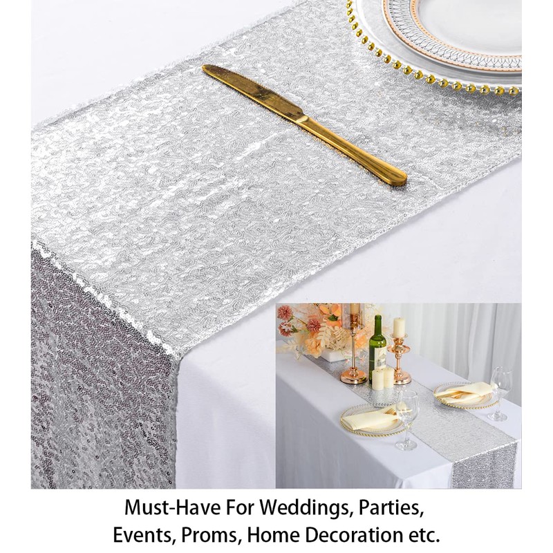 ShinyBeauty Sequin Tassel Table Runner Silver 12in x 90in Sequin